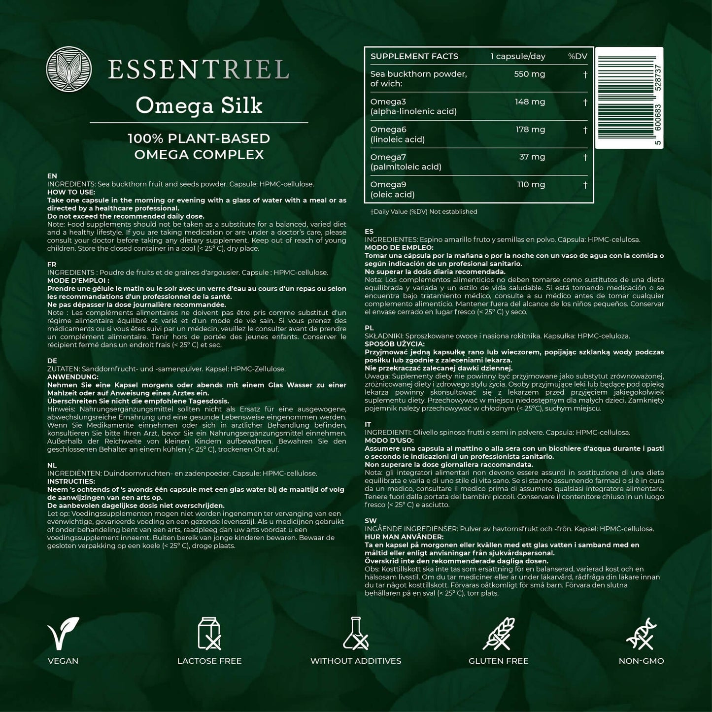 Omega Silk | Natural Omega 3 - 6 - 7 - 9 from Sea Buckthorn | 60 Capsules - Essentriel