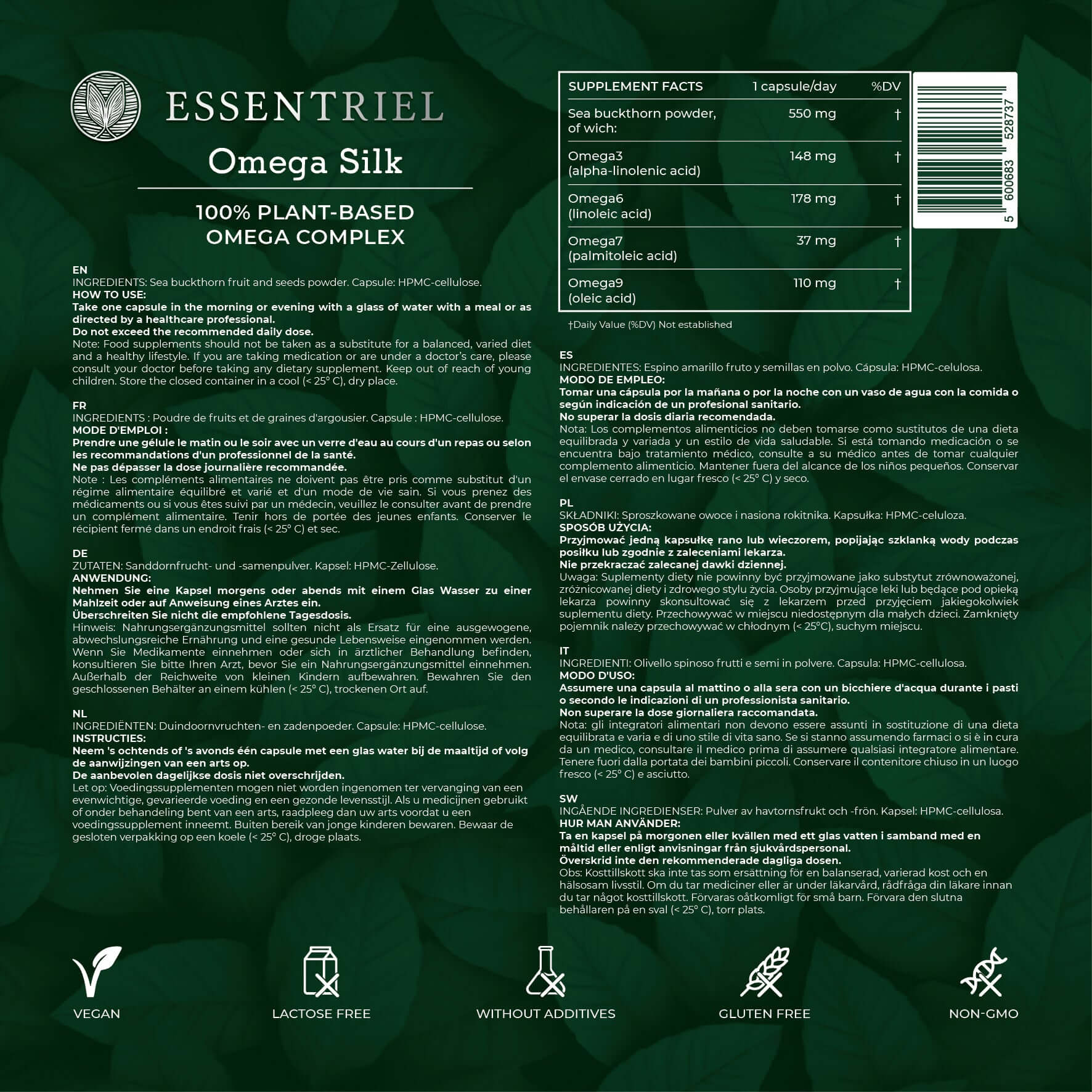 Omega Silk | Natural Omega 3 - 6 - 7 - 9 from Sea Buckthorn | 60 Capsules - Essentriel