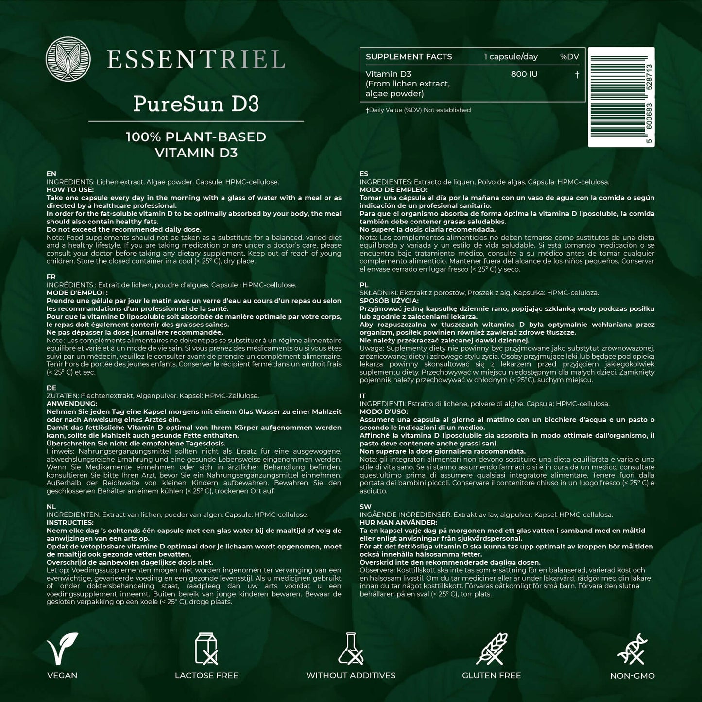 PureSun D3 | Natural Vitamin D3 from Plants | 60 Capsules - Essentriel