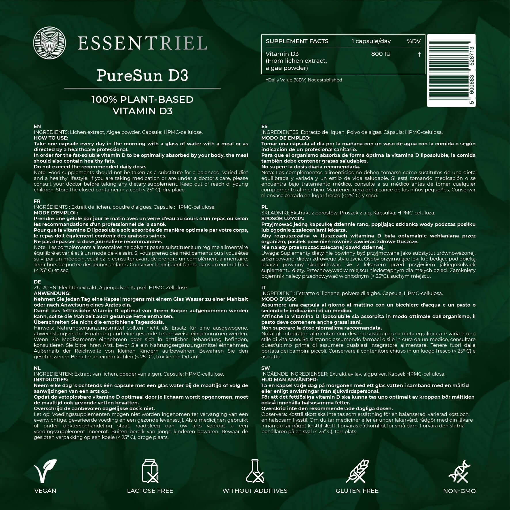 PureSun D3 | Natural Vitamin D3 from Plants | 60 Capsules - Essentriel